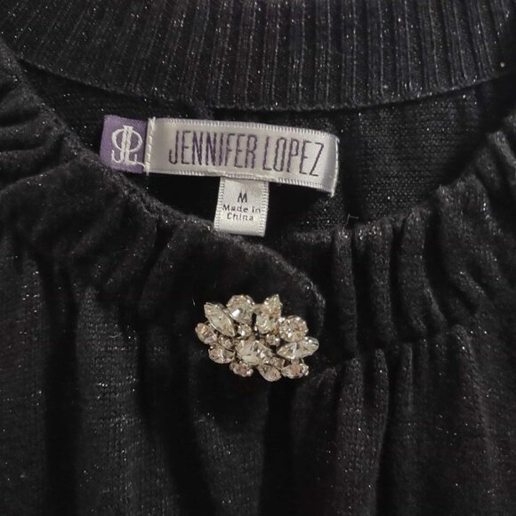Jennifer Lopez Open Front Cardigan Black - Rhinestone Brooch Med NWT - Picture 2 of 8